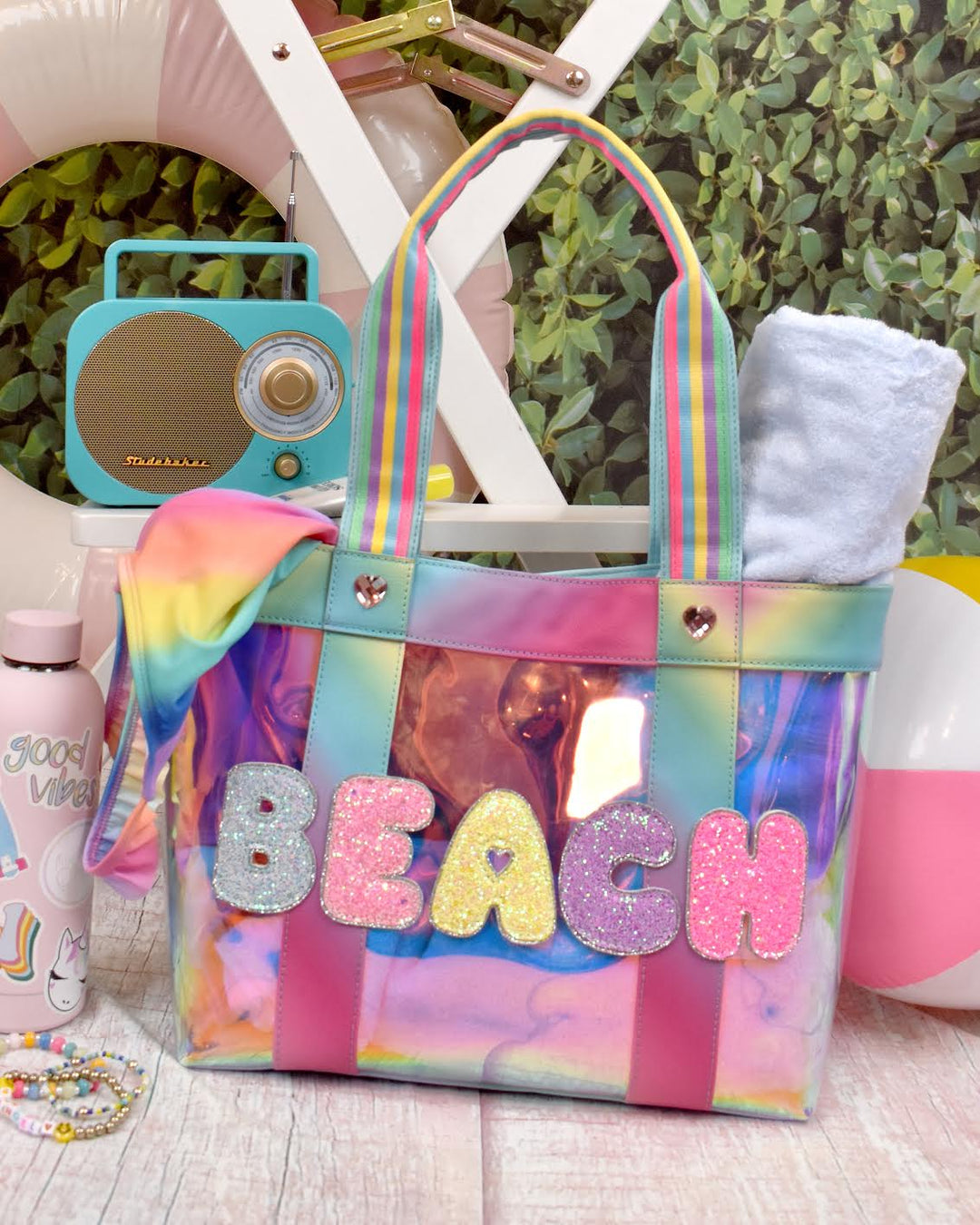 Sparkle And Shine Glazed Holographic Beach Bag IN THE SAND