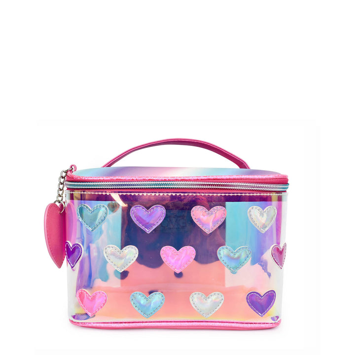 Metallic Heart-Patched Clear Glazed Glam Bag