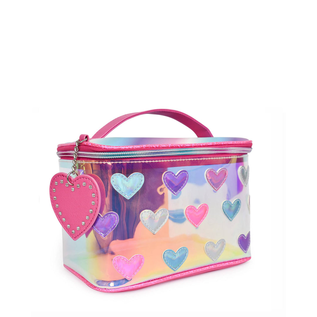 Metallic Heart-Patched Clear Glazed Glam Bag