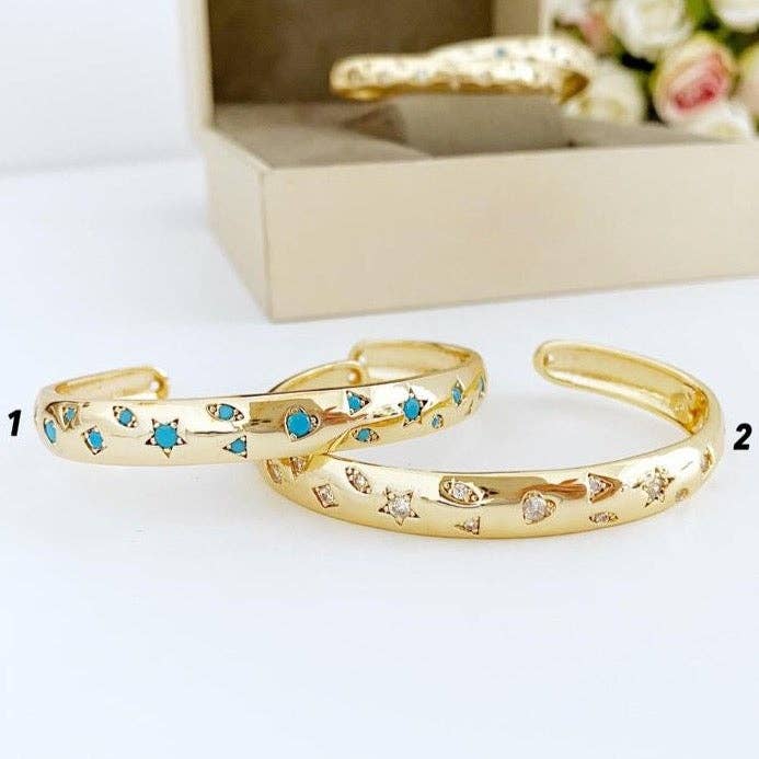 Gold Wide Bangle Bracelet Turquoise Star Charm Bracelet