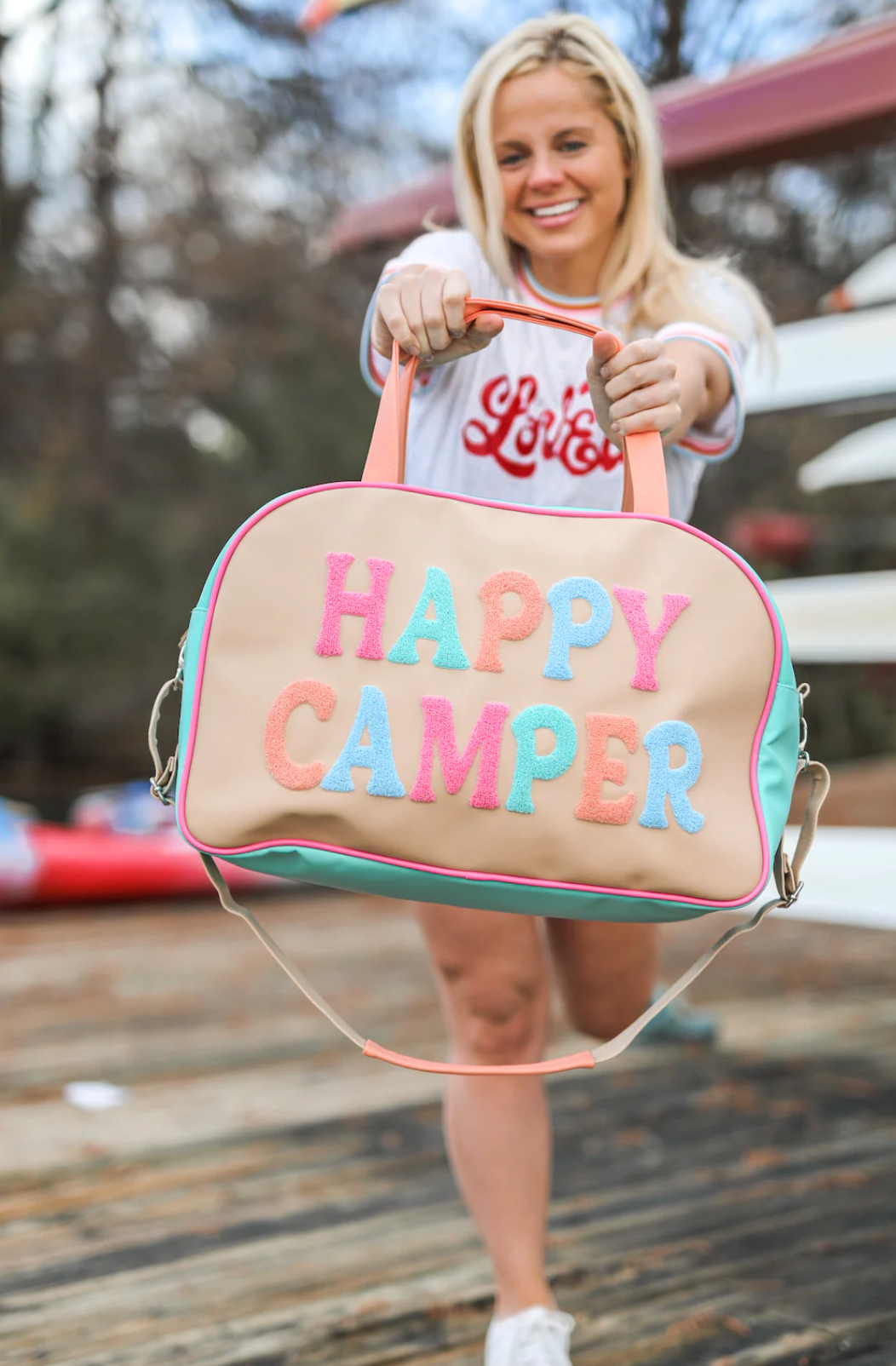 Happy Camper Tan duffle Bag Weekender
