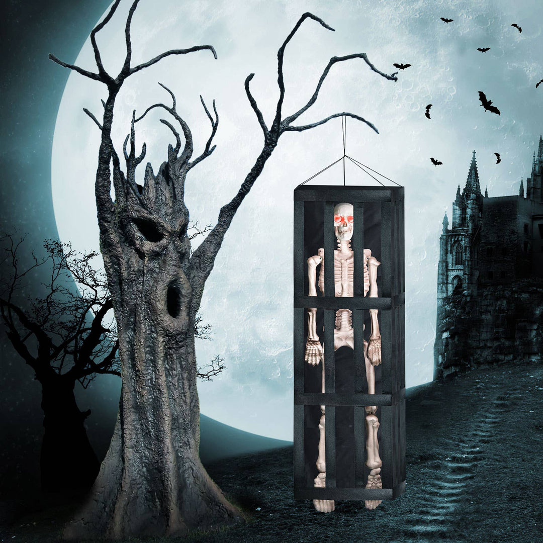 64-inch Halloween Interactive Hanging Skeleton in Cage - Victoria's Toy Station