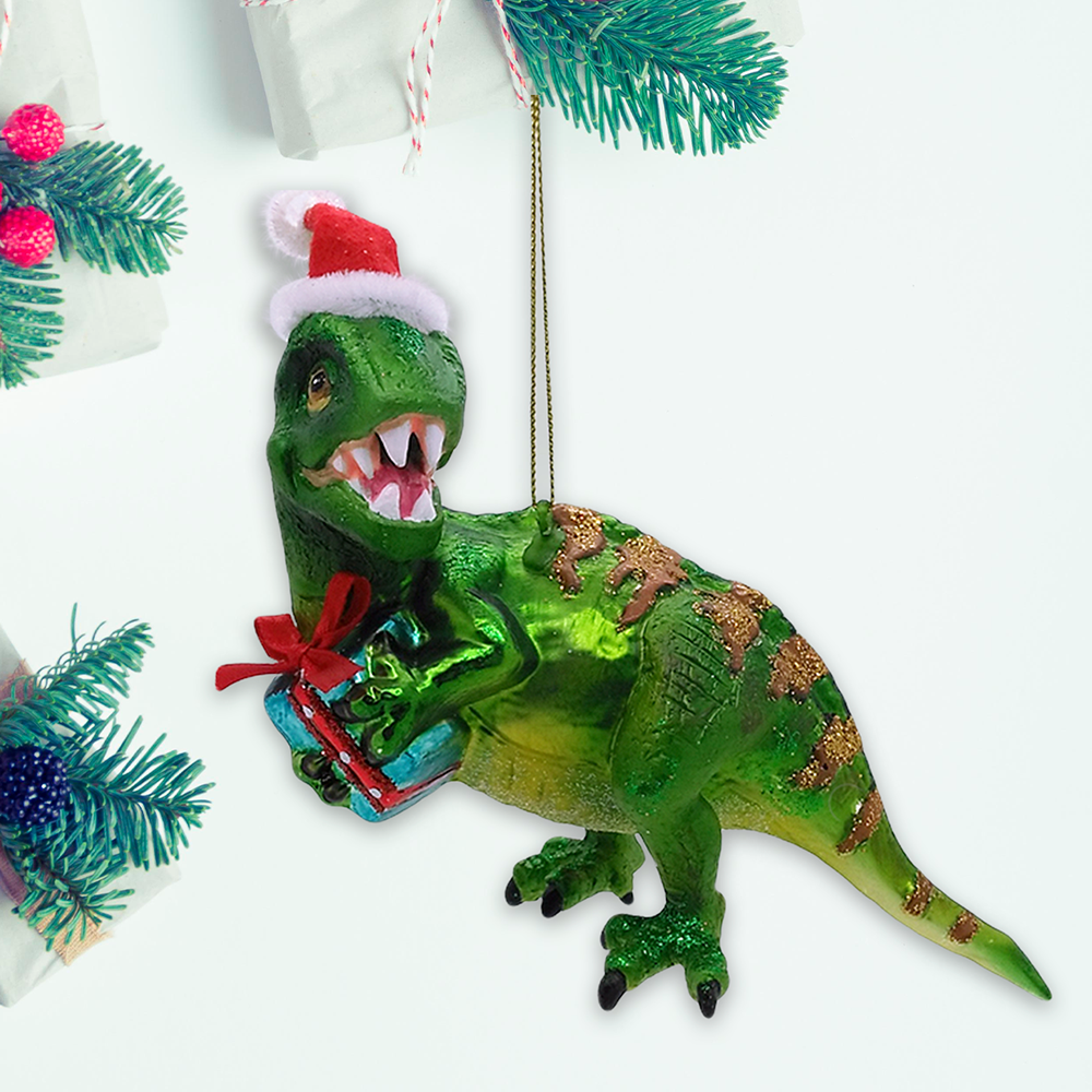 OrnamentallyYou - Green Christmas T-Rex Glass Ornament - Victoria's Toy Station