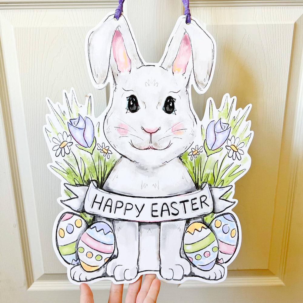 Happy Easter Bunny Door Hanger - Cute Spring Outdoor Decor - Victoria's Toy Station