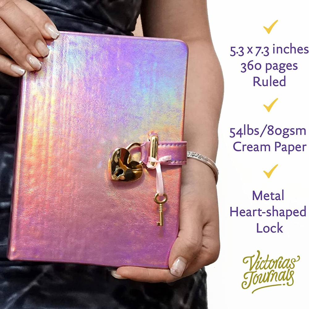 Victoria's Journals - Heart Lock Journal for Girls with 2 Keys (Metallic Lilac) - Victoria's Toy Station