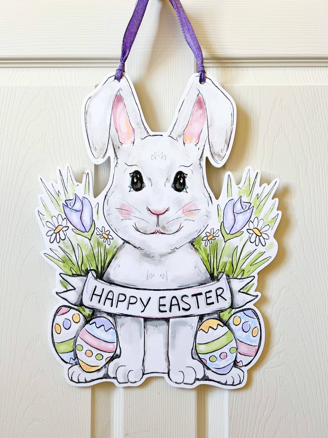 Happy Easter Bunny Door Hanger - Cute Spring Outdoor Decor - Victoria's Toy Station