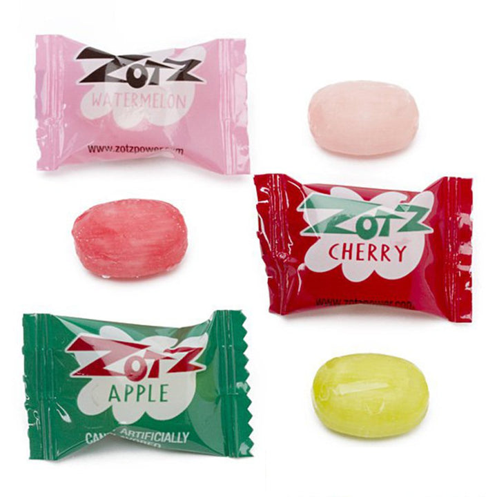 Zotz Fizzy Old Fashioned Hard Candy Assorted Fruit Flavored, Cherry, Apple, Watermelon Individually Wrapped