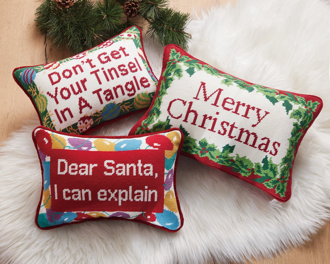 DON'T GET YOUR TINSEL NEEDLEPOINT PILLOW - Victoria's Toy Station