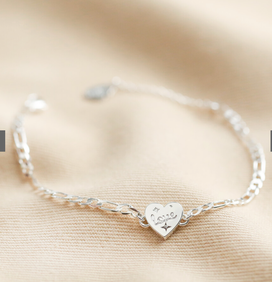 Figaro Chain Engraved Love Heart Bracelet