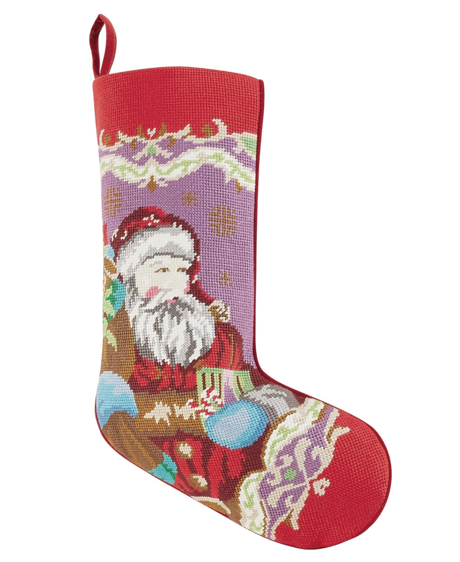 Christmas Santa Needlepoint Embroidered Stocking - Victoria's Toy Station