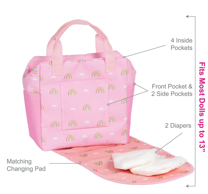 Baby Doll Diaper Bag Backpack & Doll Accessories Set - Rainbow Rose