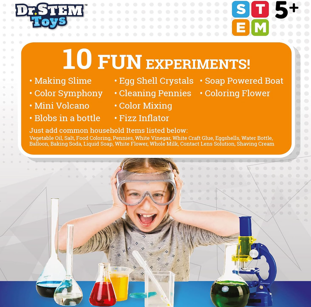 Dr. STEM Toys - Kids First Chemistry Set Science Kit - 28 Pieces Includes Ten Experiments, Goggles, Test Tubes, All in a Storage Bucket