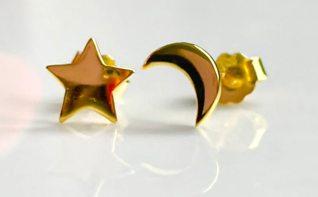 Yellow Gold Moon and Star Earrings