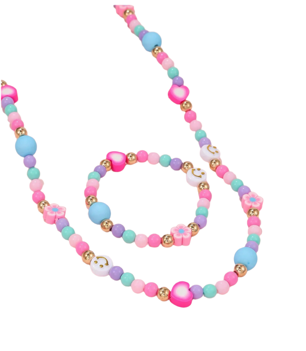 Necklace and Bracelet with Smiley Face & Hearts, Flowers - Victoria's Toy Station