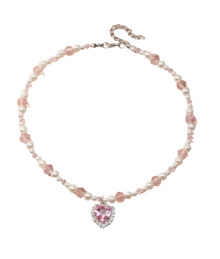 Rhinestone Heart Charm Faux Pearl Decor Necklace