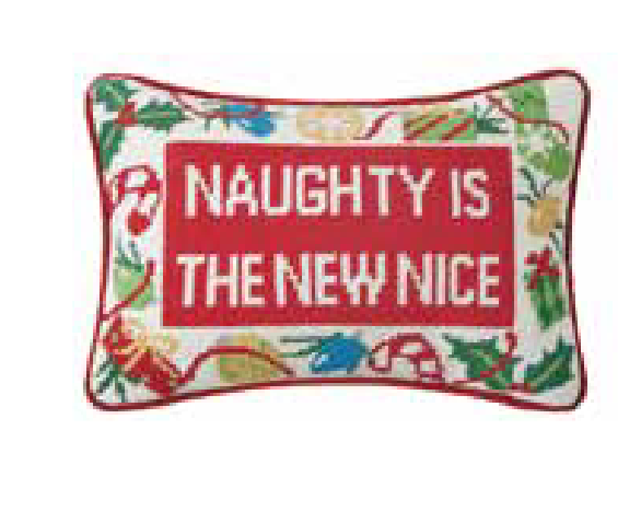 NAUGHTY NEW NICE Embroidered Needlepoint Pillow - Victoria's Toy Station