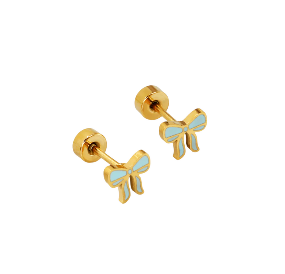 Aqua Blue Bow Screw Back Earrings - Victoria's Toy Station