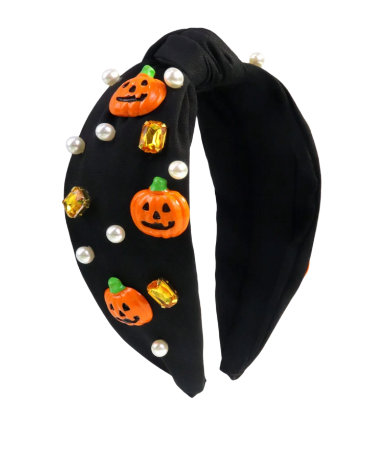 Halloween Ghost and Pumpkin, Jeweled, Knotted Headband - Victoria's Toy Station