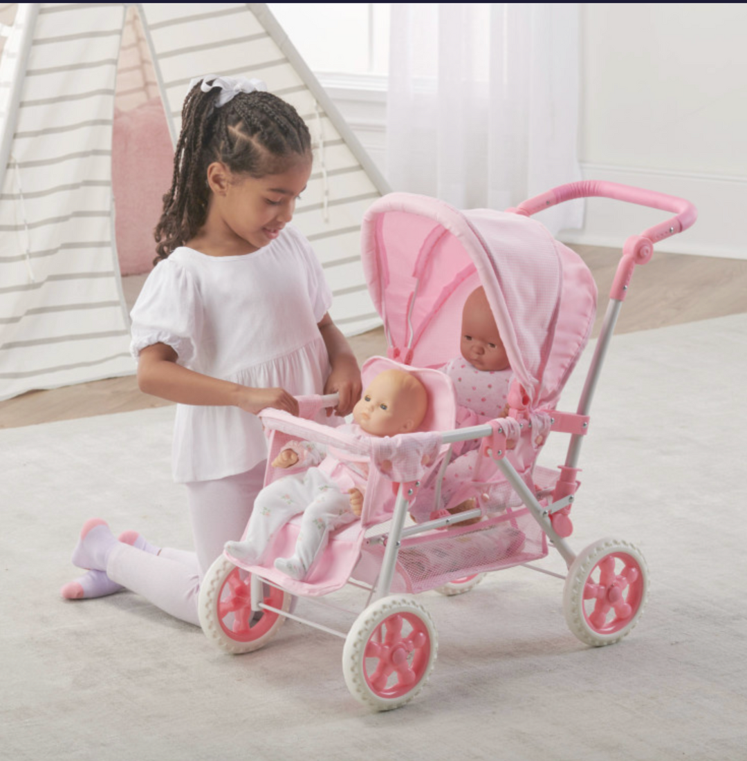 Double Doll Stroller – Pink/Gingham