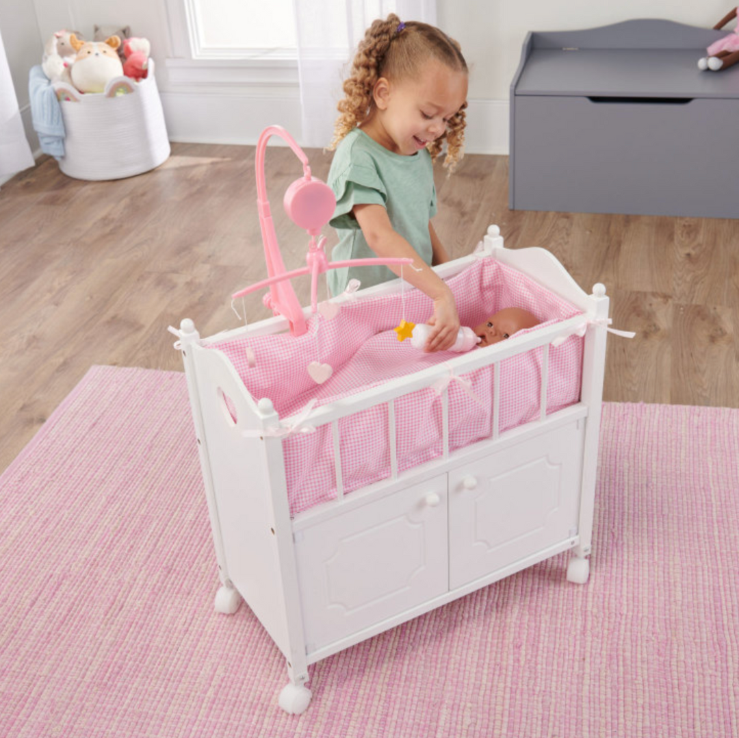 Cabinet Doll Crib with Gingham Bedding white/Pink