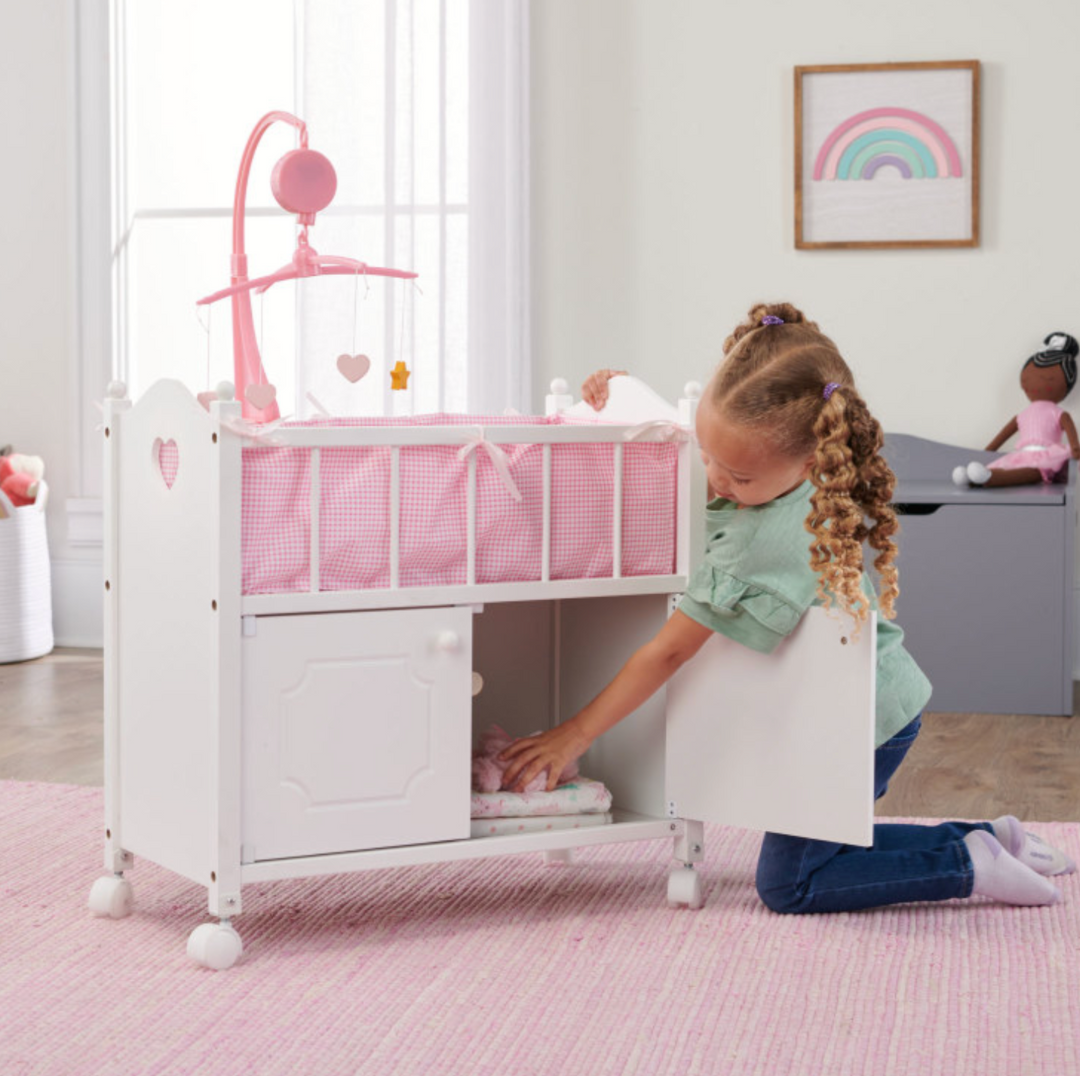 Cabinet Doll Crib with Gingham Bedding white/Pink