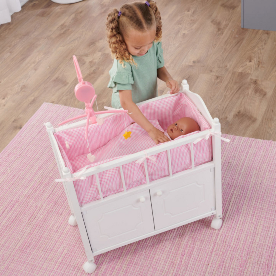 Cabinet Doll Crib with Gingham Bedding white/Pink