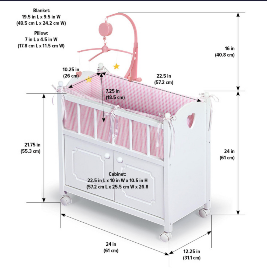 Cabinet Doll Crib with Gingham Bedding white/Pink