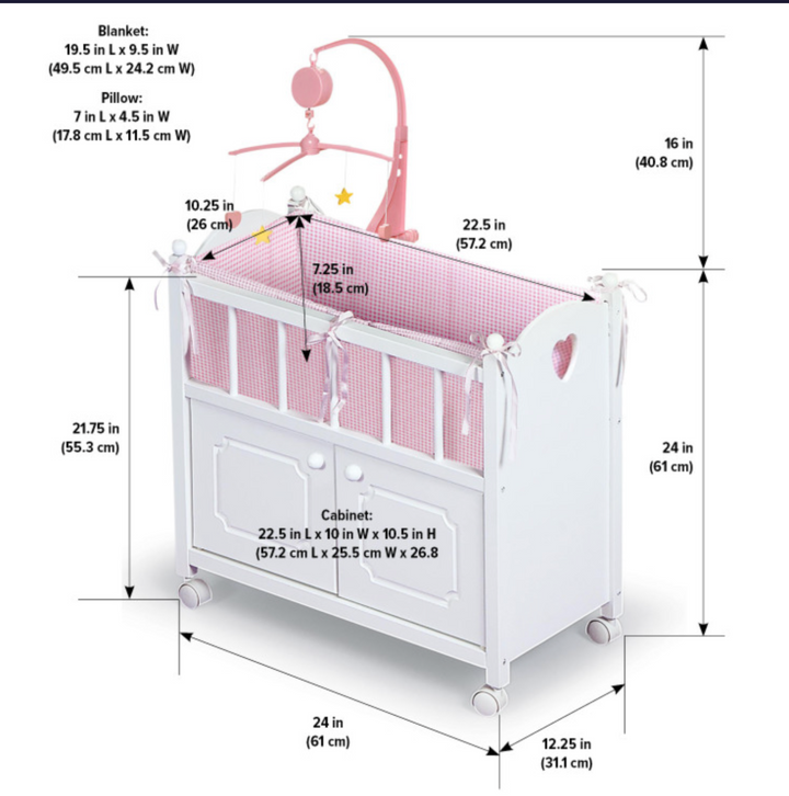 Cabinet Doll Crib with Gingham Bedding white/Pink