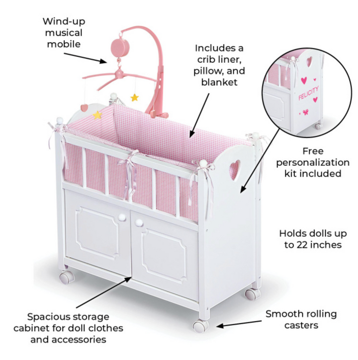 Cabinet Doll Crib with Gingham Bedding white/Pink