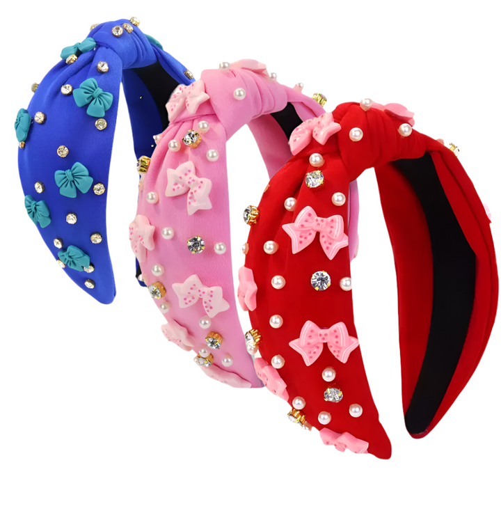 Knot Headband with Rhinestones and Bow Accents - Victoria's Toy Station