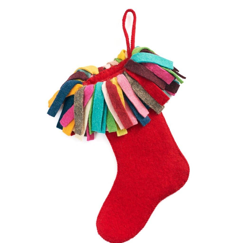 Arcadia Home - Hand Felted Wool Christmas Stocking - Red with Fringe - Victoria's Toy Station