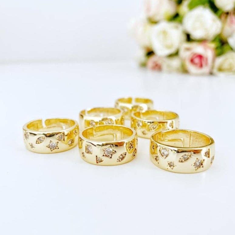 Gold Wide Band White Stone Ring