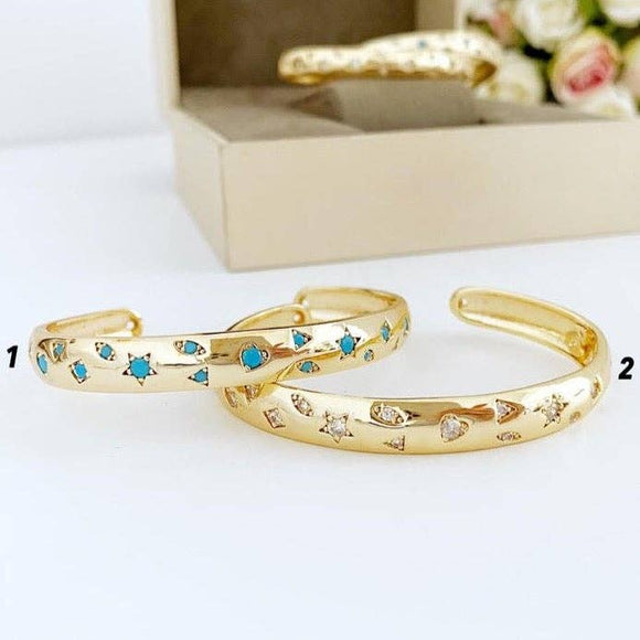 Gold Wide Bangle White Star Charm Bracelet