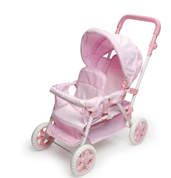 Folding Double Front-to-Back Doll Stroller – Pink/Gingham - Victoria's Toy Station