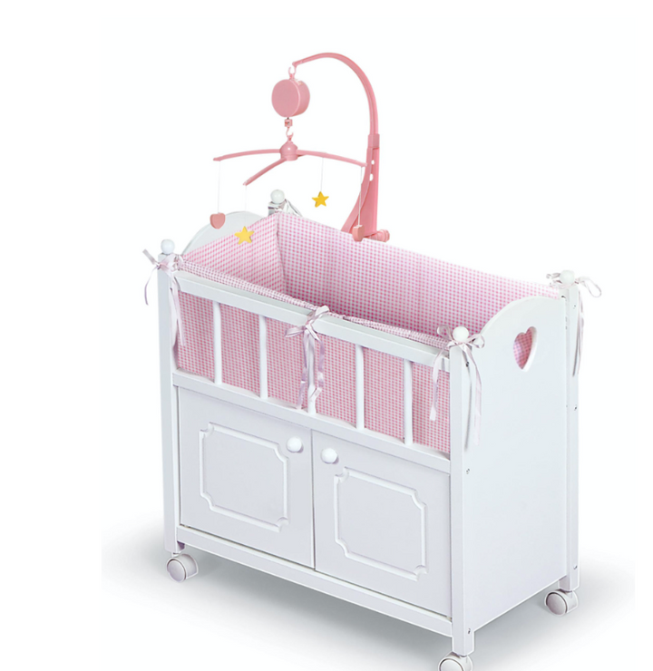 Cabinet Doll Crib with Gingham Bedding white/Pink - Victoria's Toy Station