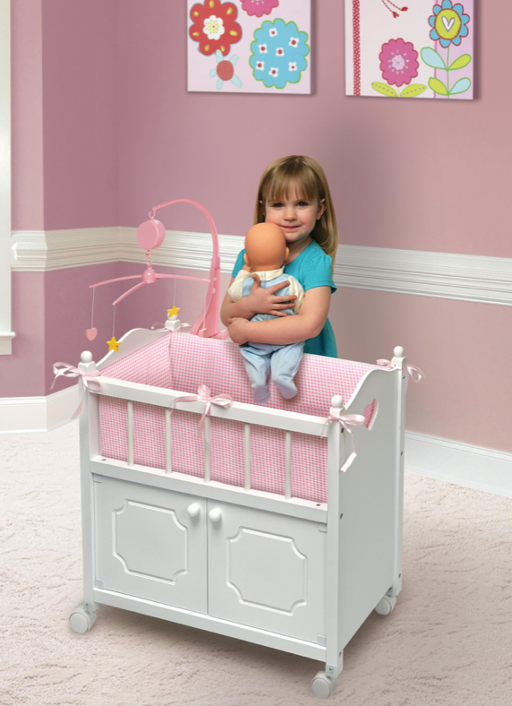 Cabinet Doll Crib with Gingham Bedding white/Pink - Victoria's Toy Station