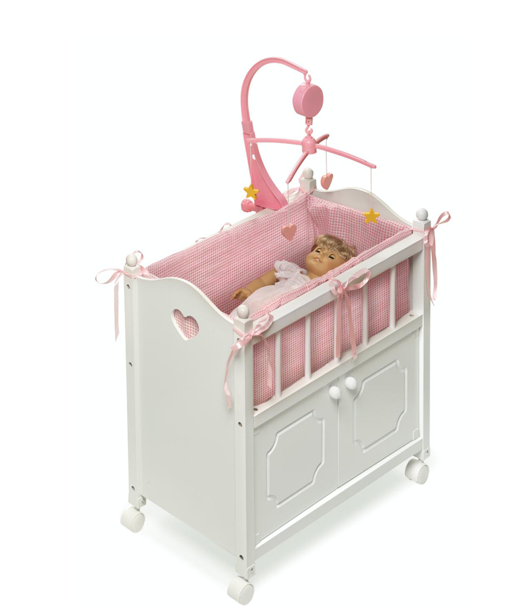 Cabinet Doll Crib with Gingham Bedding white/Pink - Victoria's Toy Station