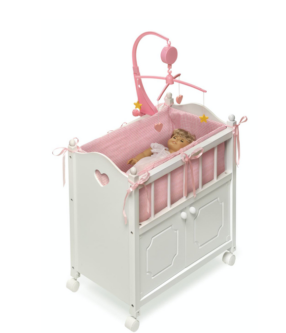 Cabinet Doll Crib with Gingham Bedding white/Pink