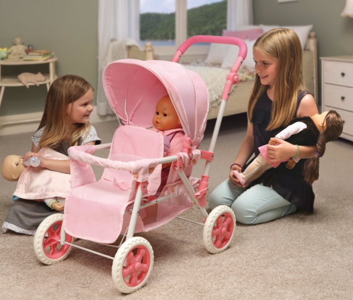 Folding Double Front-to-Back Doll Stroller – Pink/Gingham - Victoria's Toy Station