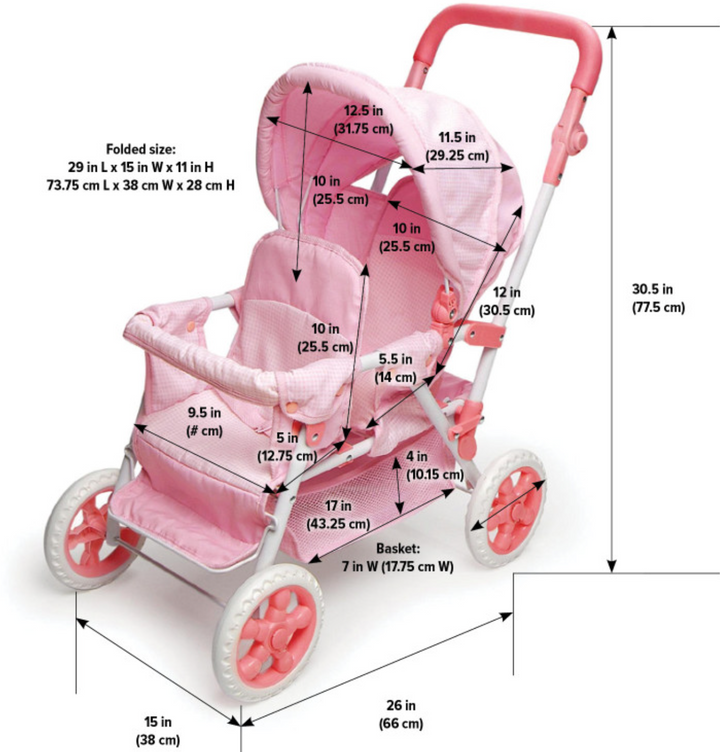 Folding Double Front-to-Back Doll Stroller – Pink/Gingham - Victoria's Toy Station