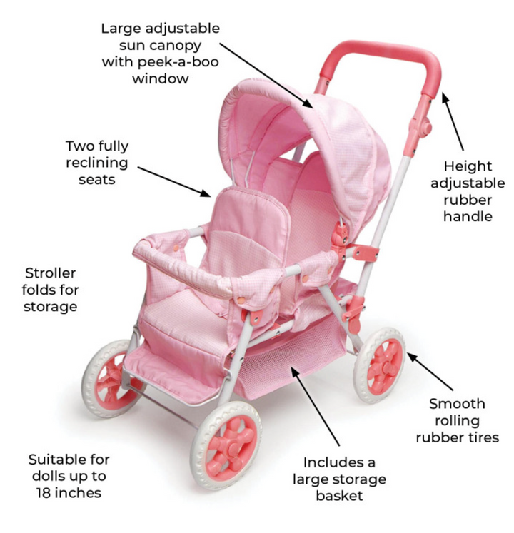 Folding Double Front-to-Back Doll Stroller – Pink/Gingham - Victoria's Toy Station