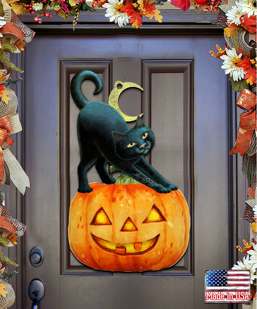 Spooky Halloween Cat Wooden Door Hanger